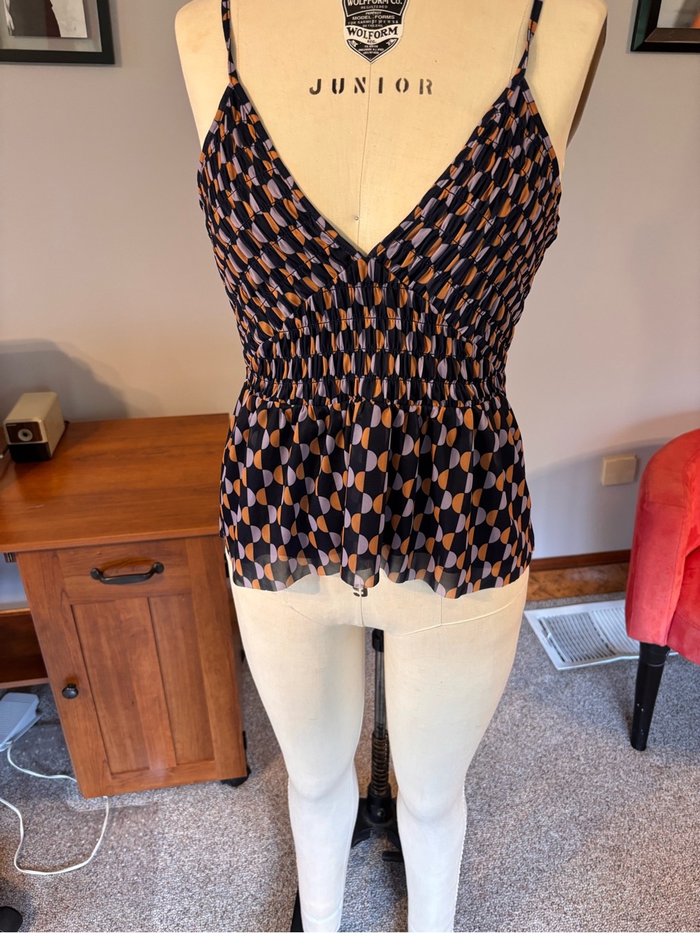 Anthropologie Navy & Tan Smocked V-Neck Spaghetti Strap Camisole